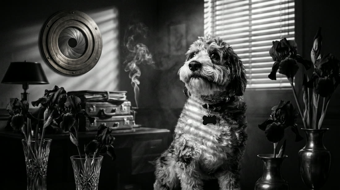 Aurelius posed in a noir detective study with irises and a camera-aperture emblem