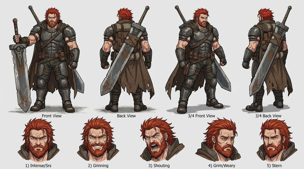 Aias character design sheet — a red-haired, blue-eyed human warrior with a full beard and heavy weathered plate armor, carrying a massive greatsword, shown in four views with five expression studies