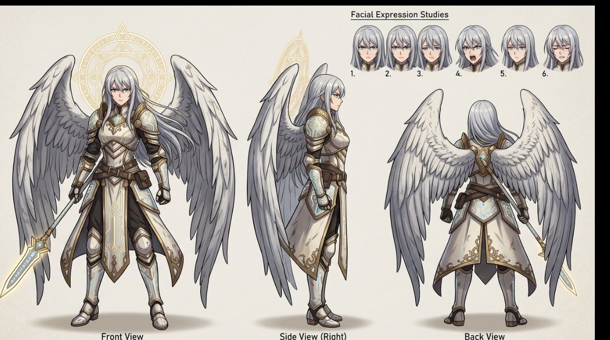 Celeste character design sheet — a silver-haired angelic knight in white and brass ceremonial armor with a glowing spear, large white wings, shown front, side and back with six facial expression studies