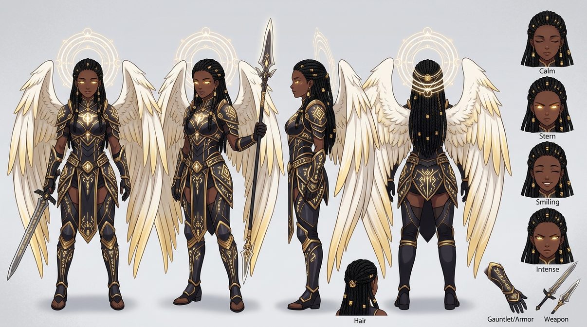 Iris character design sheet — a dark-skinned archangel with long black braids, glowing golden eyes and obsidian-and-gold armor, white gold-tipped wings and a geometric golden halo, shown in four views with expression studies