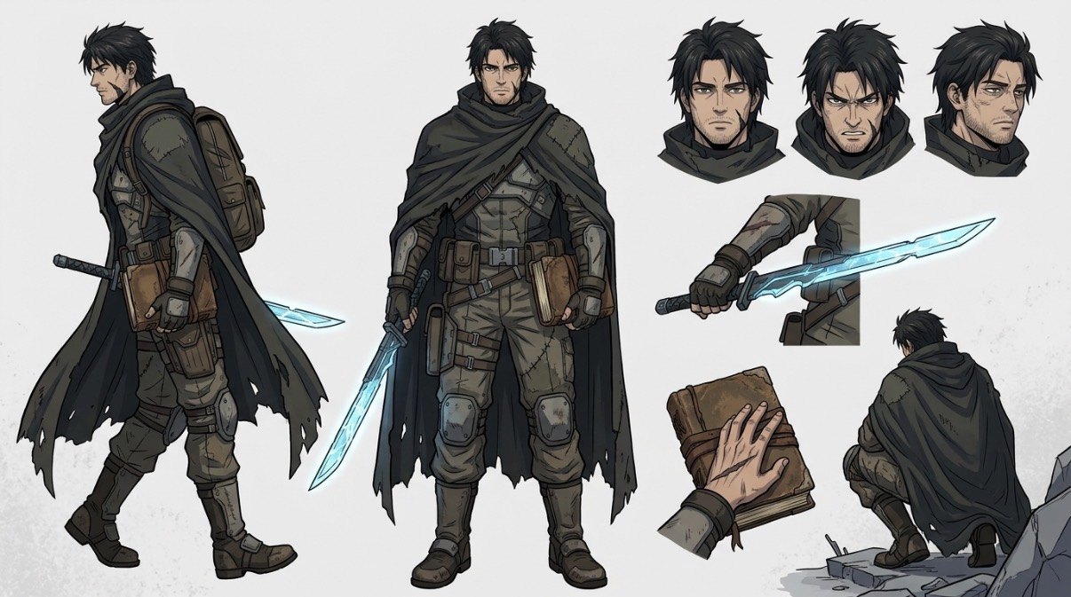 Marcus character design sheet — a black-haired human survivor with a jaw scar, dark ragged cloak over segmented armor, carrying a leather journal and a glowing blue salvaged energy blade, shown in multiple views
