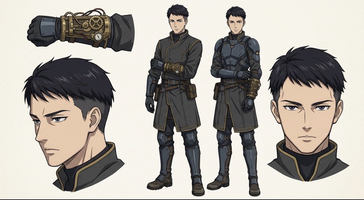Seneca character design sheet — a dark-haired strategist in a charcoal gold-trimmed robe over tactical plating, with an antique brass mechanical gauntlet shown in close-up detail