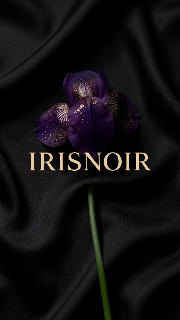 IrisNoir brand — deep purple iris on noir silk