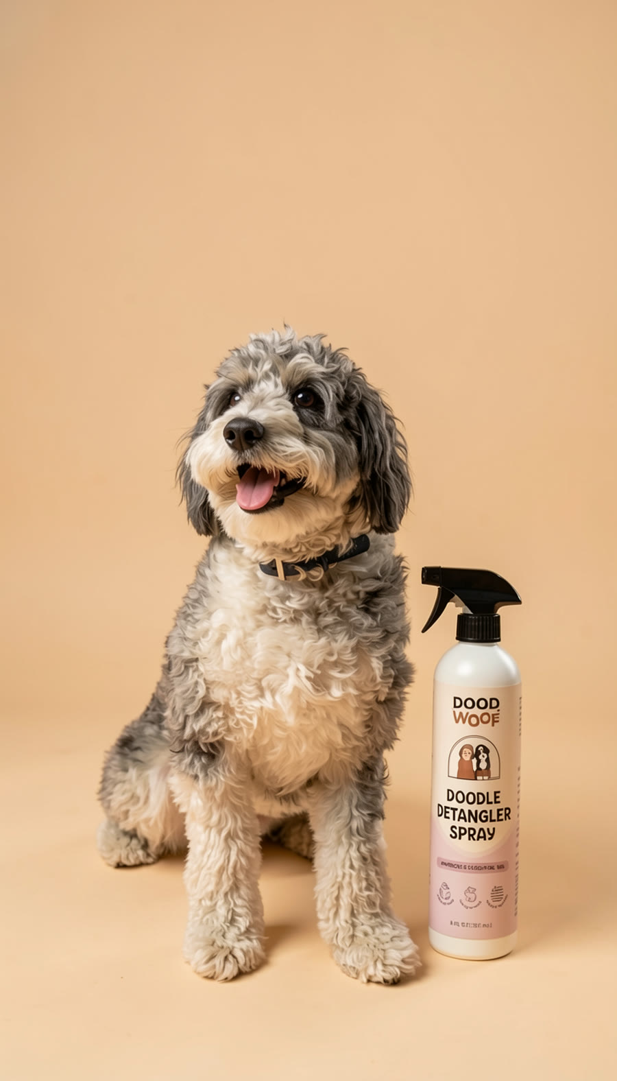 Aurelius beside the Doodle Detangler Spray by Dood Woof