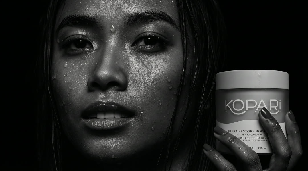 Kopari Ultra Restore body cream in a noir editorial still