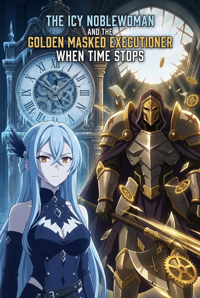 The Icy Noblewoman and the Golden Masked Executioner — anime key art: a silver-blue-haired noblewoman with amber eyes beside a golden-masked armored executioner, before a cracked, ice-bound clock face